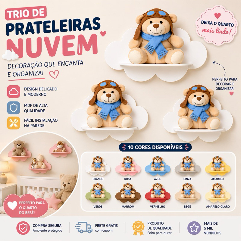 Trio Prateleira Nuvem MDF Infantil | Nicho Decorativo Quarto Bebê | Fácil Instalação | 10 Cores