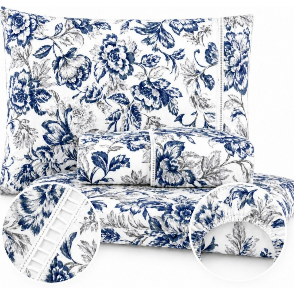 Jogo de Lençol Estampado Floral Ponto Palito 400 Fios Solteiro Casal Queen Vários Tamanhos