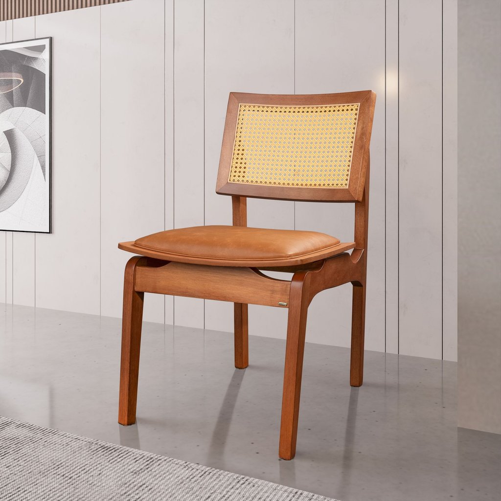 Kit 4 Cadeiras de Jantar Madeira 100% Maciça Tauari e Rattan Natural com Assento Estofado Daren Li 4