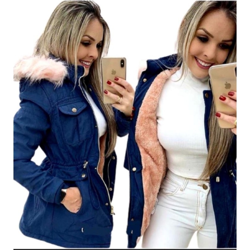 Parka casaco Bolsinho forrada pelinho com capuz P ao G5
