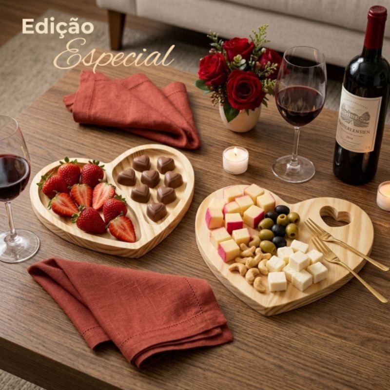 kit Petisqueira Tabua de Frios Madeira Coração Mesa Posta Café da Manhã Presente Dia dos Namorados