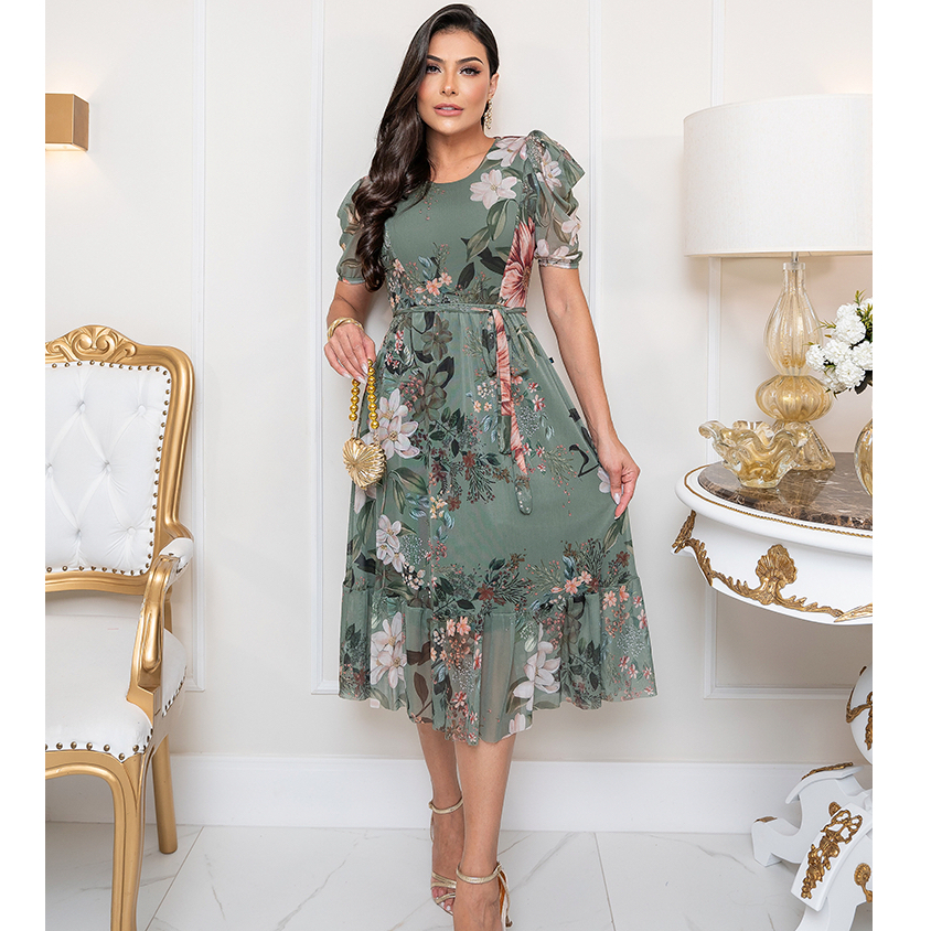 Vestido Midi Tule Estampado Plus Size Moda Feminina Floral