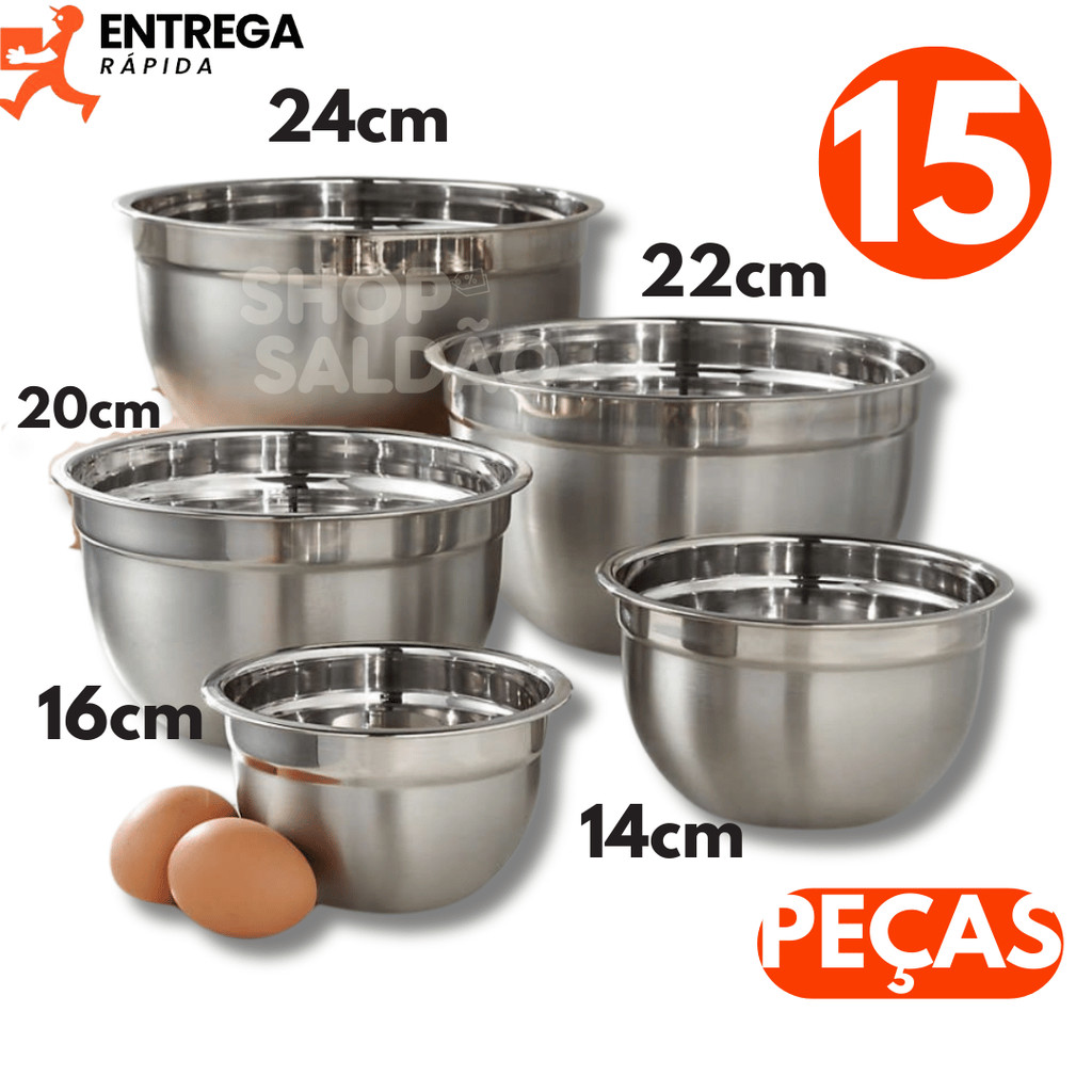 kit 5 Bowl Inox Jogo de Tigela com Tamanhos diferentes Bacia de Inox para Cozinha Multiuso