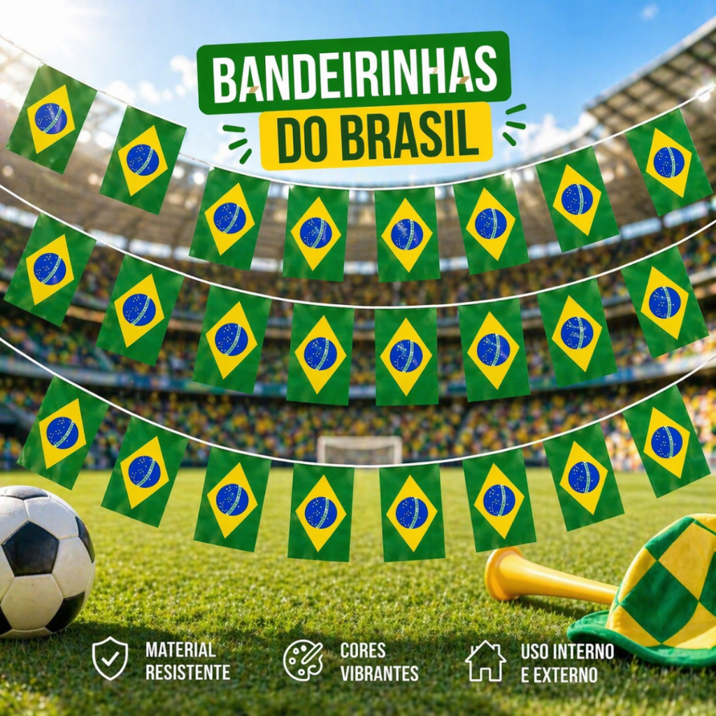 Kit Varal Bandeirinha do Brasil 10 Metros Copa do Mundo Futebol Decoração