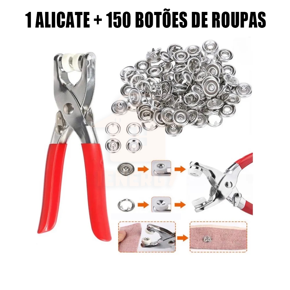 Alicate Aplicador Para Botao De Metal De Pressao Roupa Bebe com 150 botões de roupas