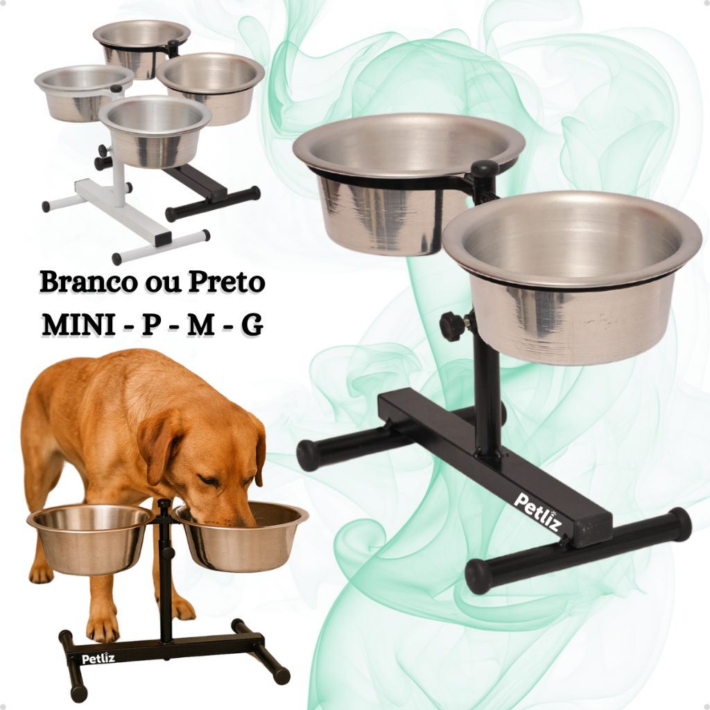 Comedouro Duplo Elevado Alto Ajustável Regulável pra Cachorro P, M, G e Mini Gatos/Filhotes - Petliz