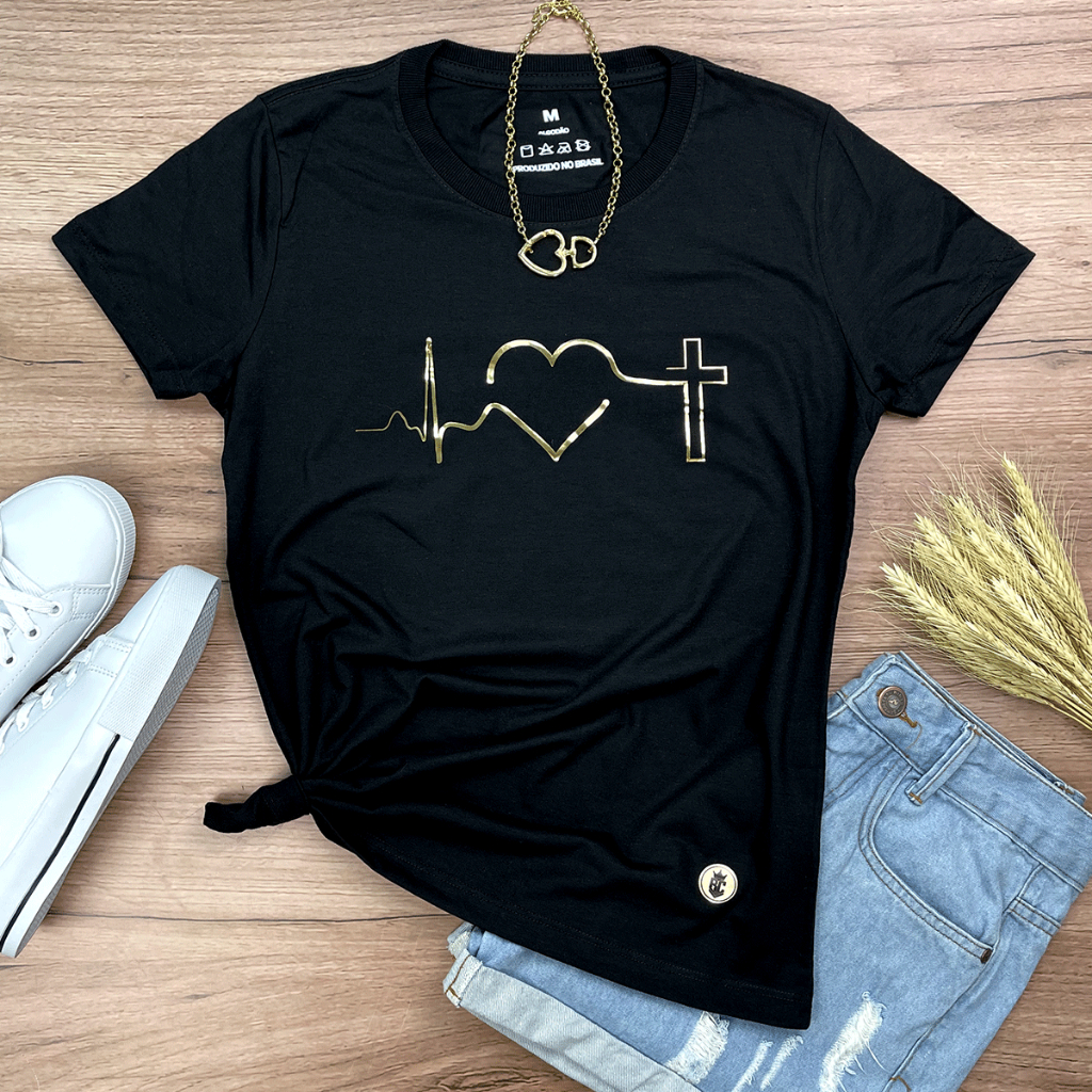 Camiseta Camisa Batimento Coração Moda Evangélica T-shirt Feminina Baby Look Algodão Gospel Estilo e Fé