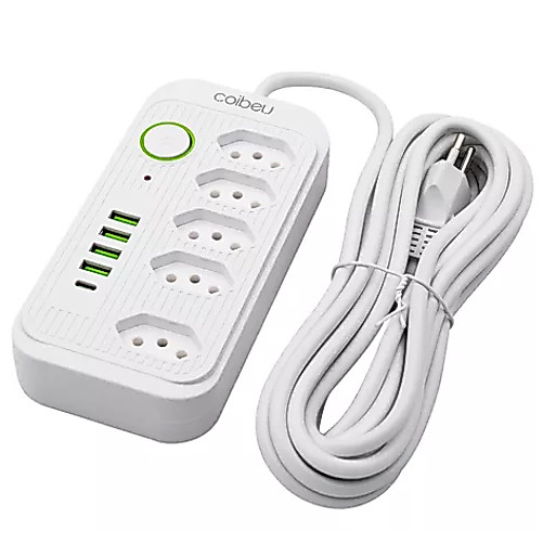 Extensão 5 Metros Bivolt 5 Tomadas E 4 Usb 1 Pd Led Bivolt Com botão WKC-541