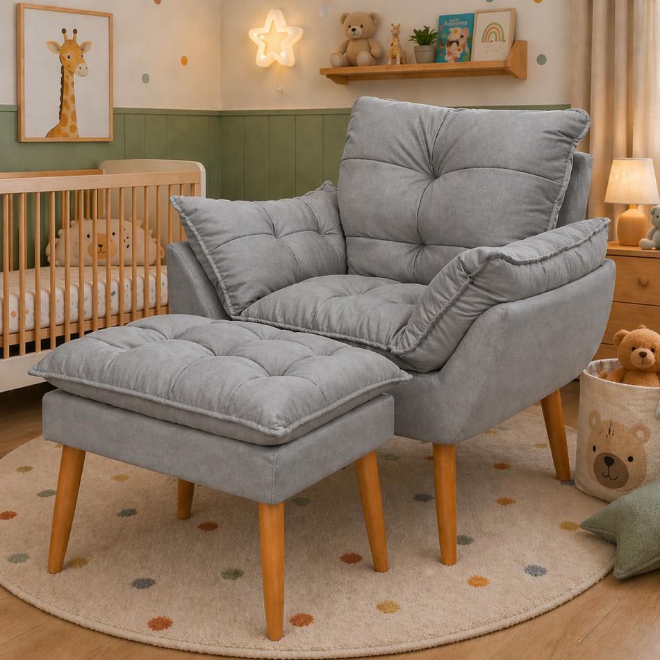 Kit Poltrona Amamentação Com Puff Tecido Suede Pés Palito