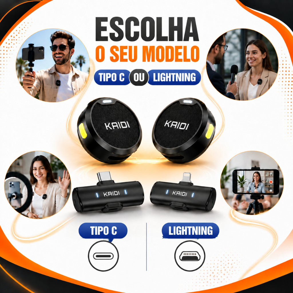 Microfone Lapela Sem Fio Duplo Kaidi Profissional Portátil Imã Redondo Anti Ruído Tipo C/Lightning  iPhone Gravação Celu