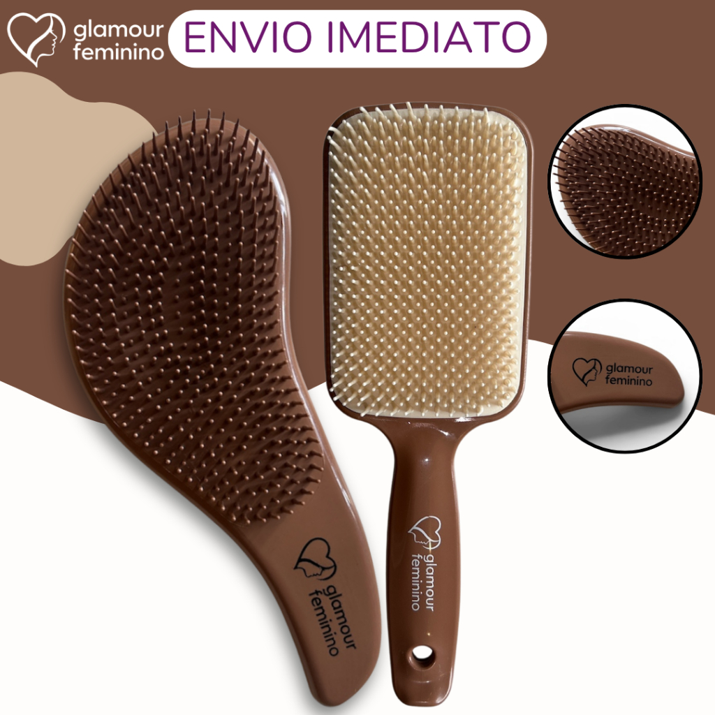 Kit 1 Escova Raquete Premium + 1 Escovas Mágicas Premium - Anti Frizz - De Desembaraçar Cabelo - Glamour Feminino