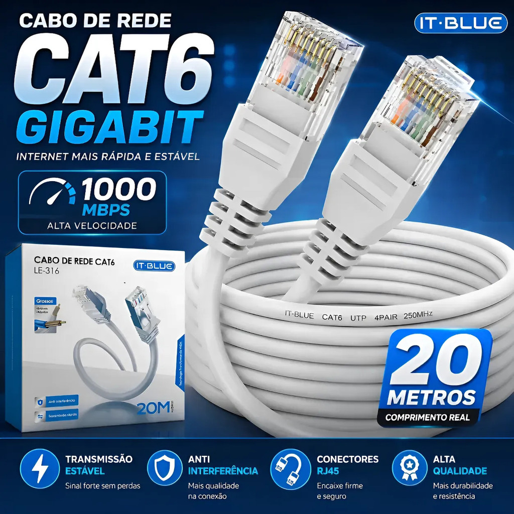 Cabo De Rede Cat6 20m Ethernet Lan Rj45 Internet Gigabit 100
